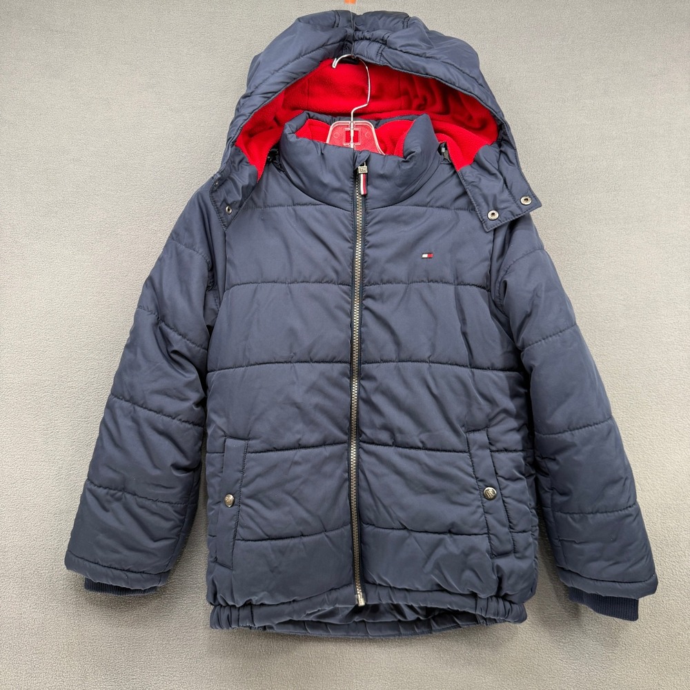 Tommy Hilfiger Boys S 7/8 Navy Blue Red Fleece Lined Hooded Puffer Jacket